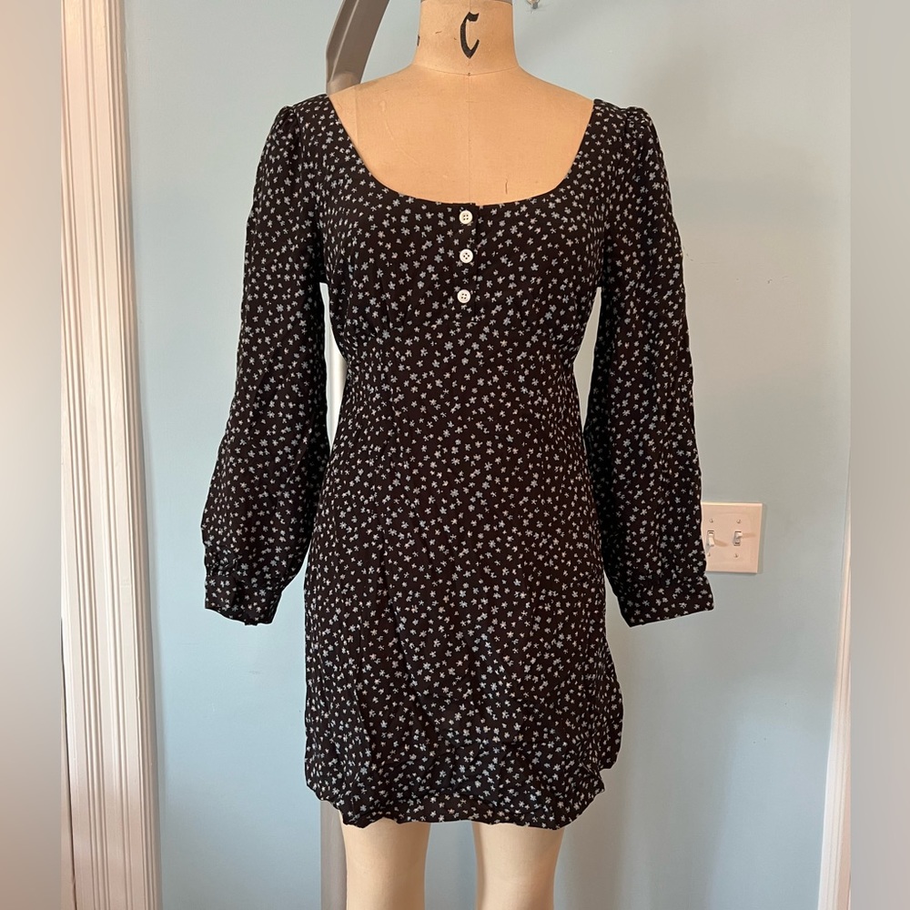 NWOT Madewell Seamed Long-Sleeve Mini Dress in - Black Navy Floral - Picture 2 of 5